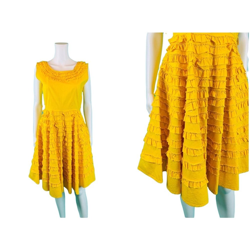 Vintage 1950s Ruffle Sun Dress Bright Yellow Party | W 27"